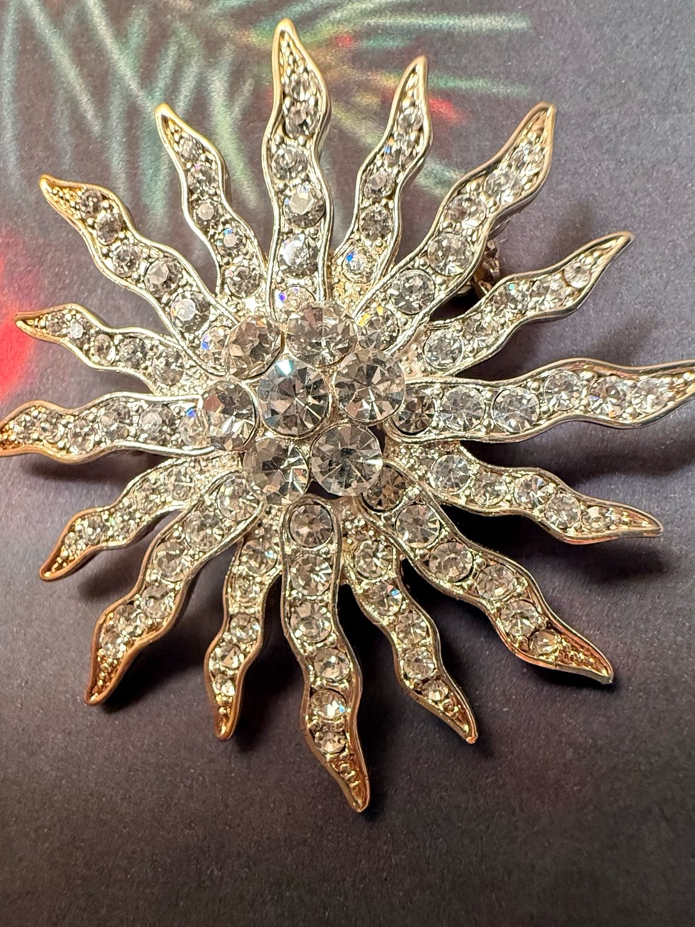 Crystal Sunburst Brooch - Gold Tone
